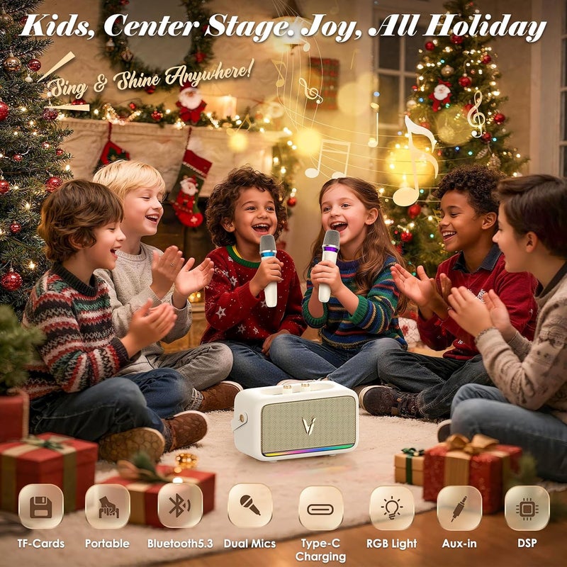 Hinastar Karaoke Machine with 2 Wireless Mics & Soft Leather Wrap |mini Portable Bluetooth Speaker with 5 Voice Changer Modes for Home Party, AUX/USB/TF Support, for Kids and Adults - Image 3